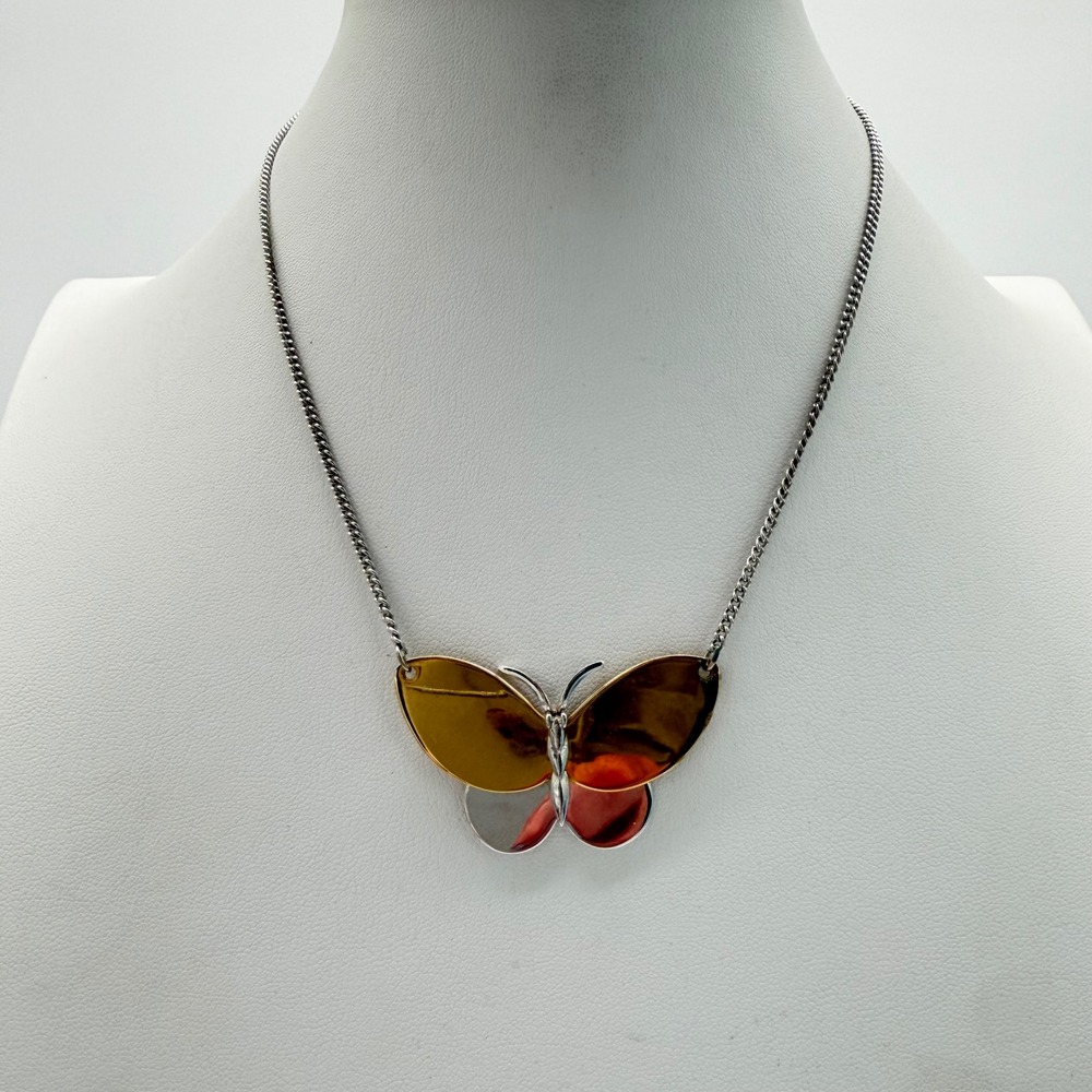 Vintage Avon Butterfly Necklace Two Tone Gold Silver Statement Pendant